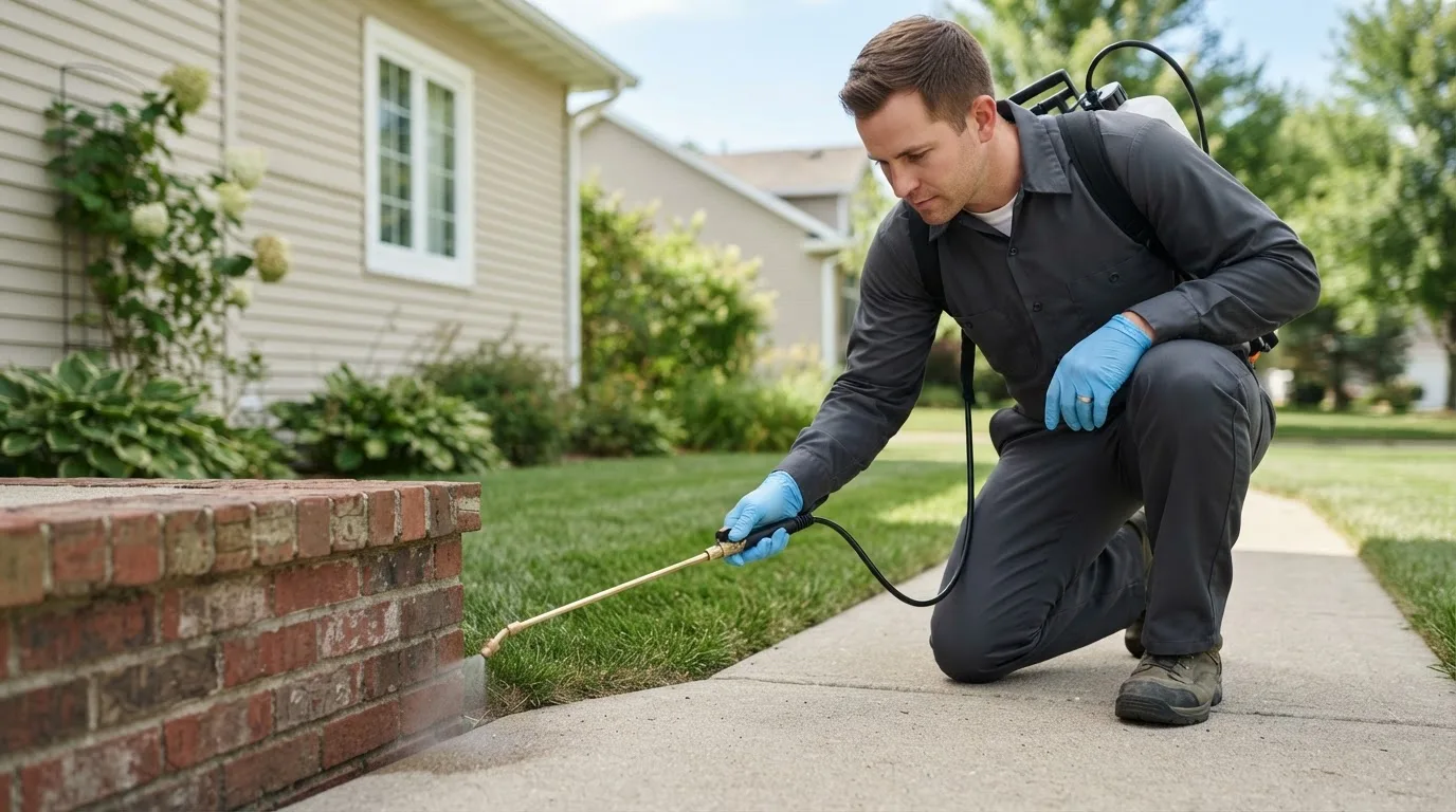 Pest control technician treating a home near Hanlontown, IA