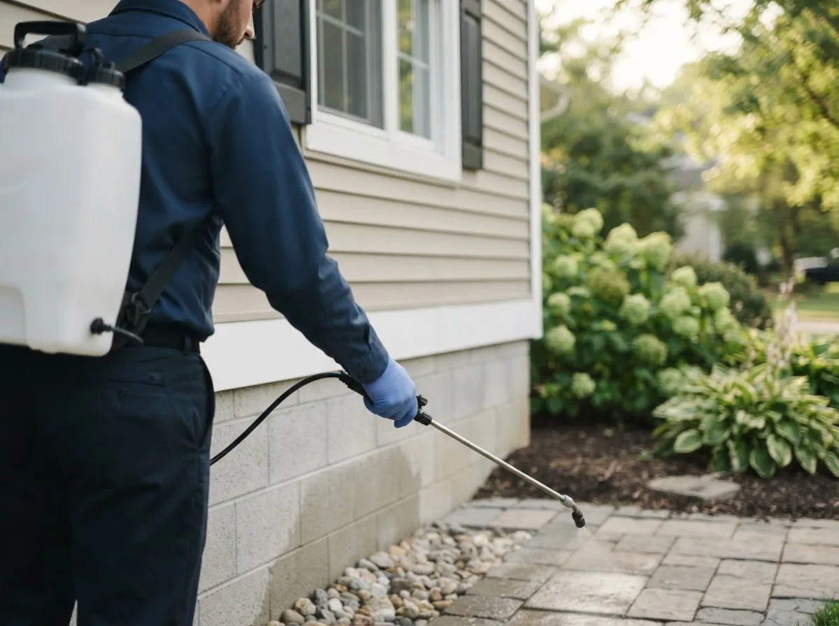 Pest control technician inspecting a home in Hanlontown, IA